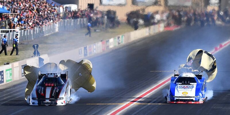 Funny cars racing at Bandimere Speedway